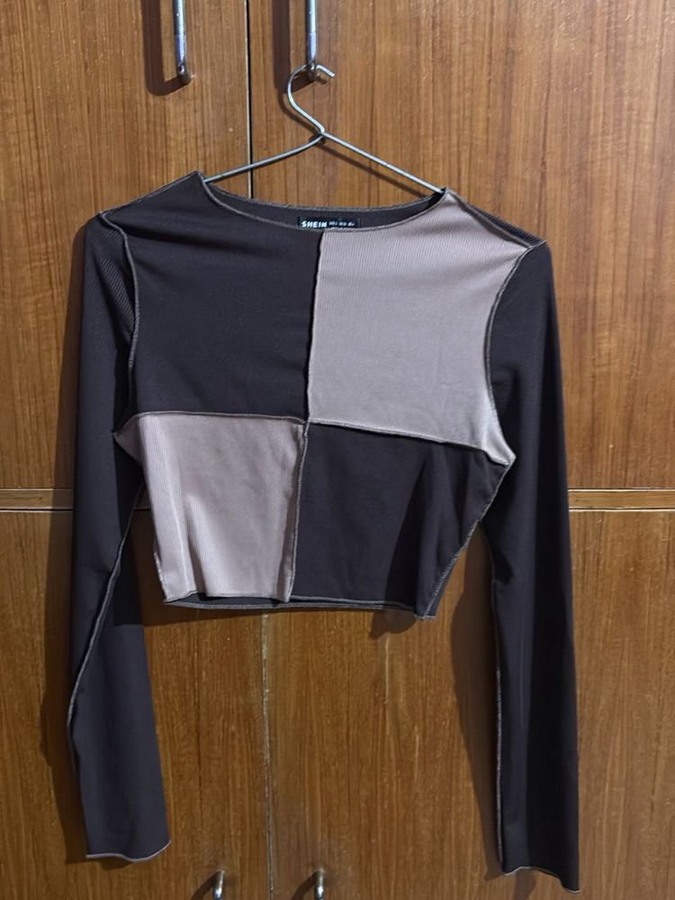 Patchwork Long Sleeve Cropped Top