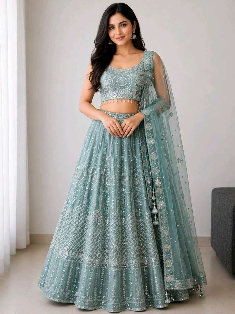 Stunning Teal Sequined Lehenga Choli