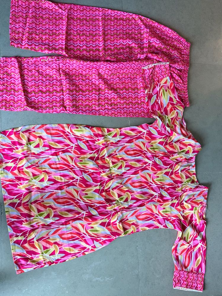 Vibrant Pink Leaf Print Kurta Set