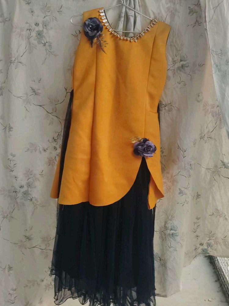 Designer Yellow &amp; Black Ethnic Gown