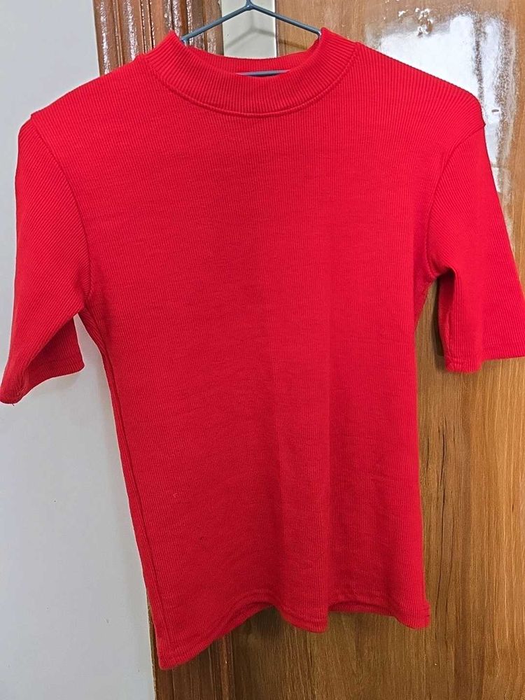 Red Mock Neck Ribbed Top