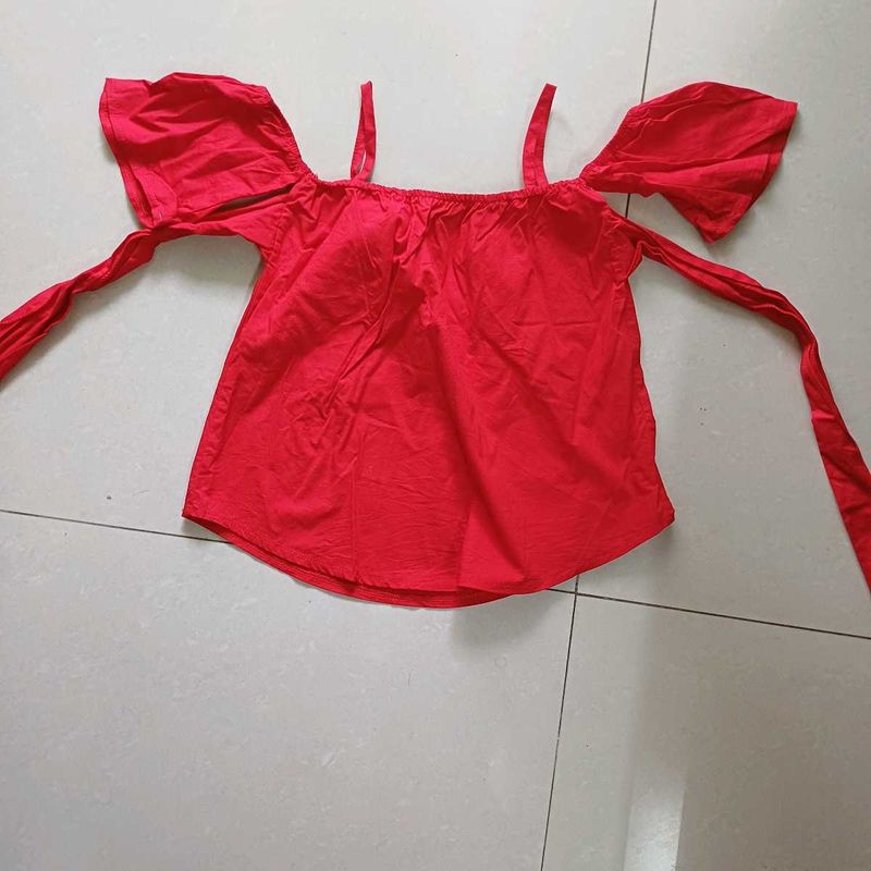 Red Off-Shoulder Flutter Sleeve Top