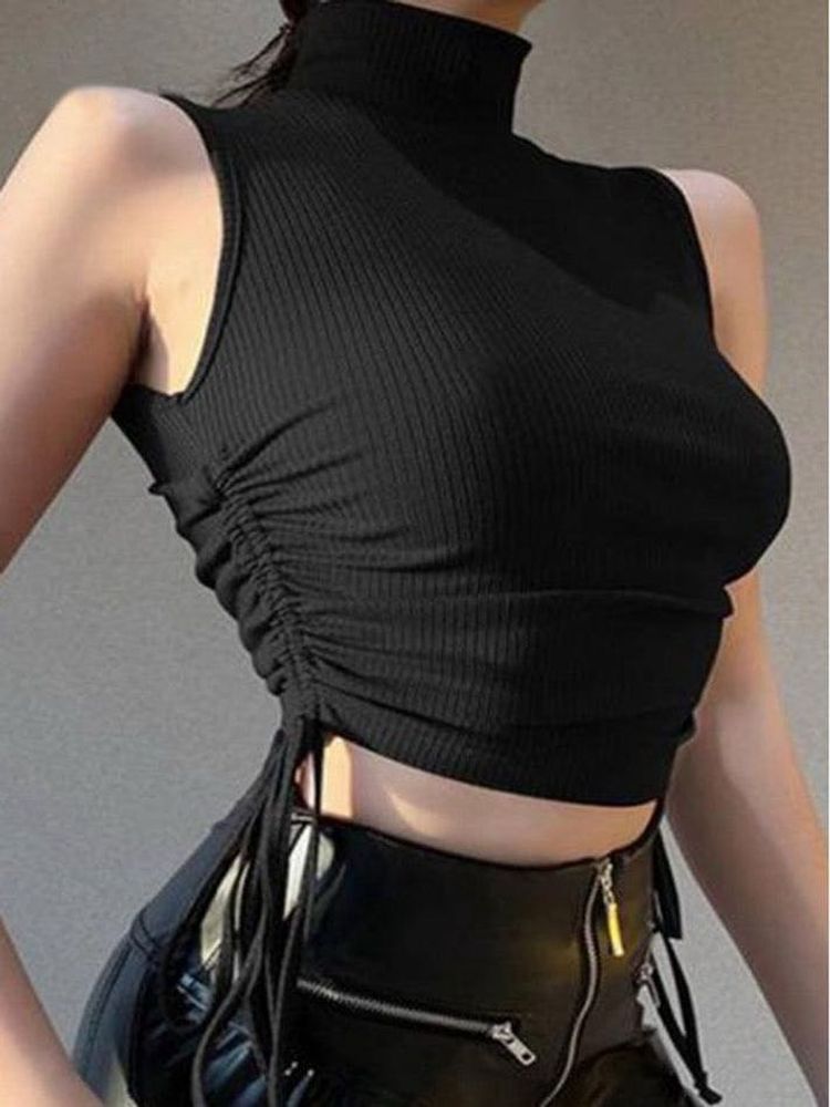 Sleek Black Ribbed Mock Neck Crop Top