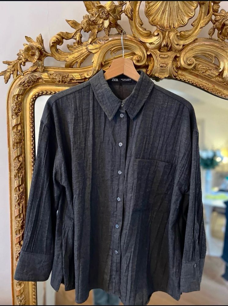 Zara Dark Grey Textured Button-Up Shirt