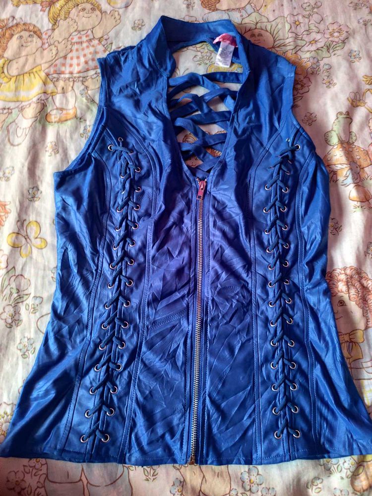 Edgy Blue Lace-Up Punk Corset Top