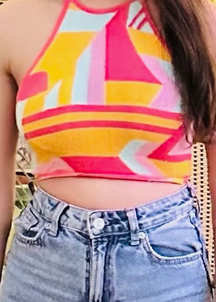 Vibrant Geometric Print Halter Top