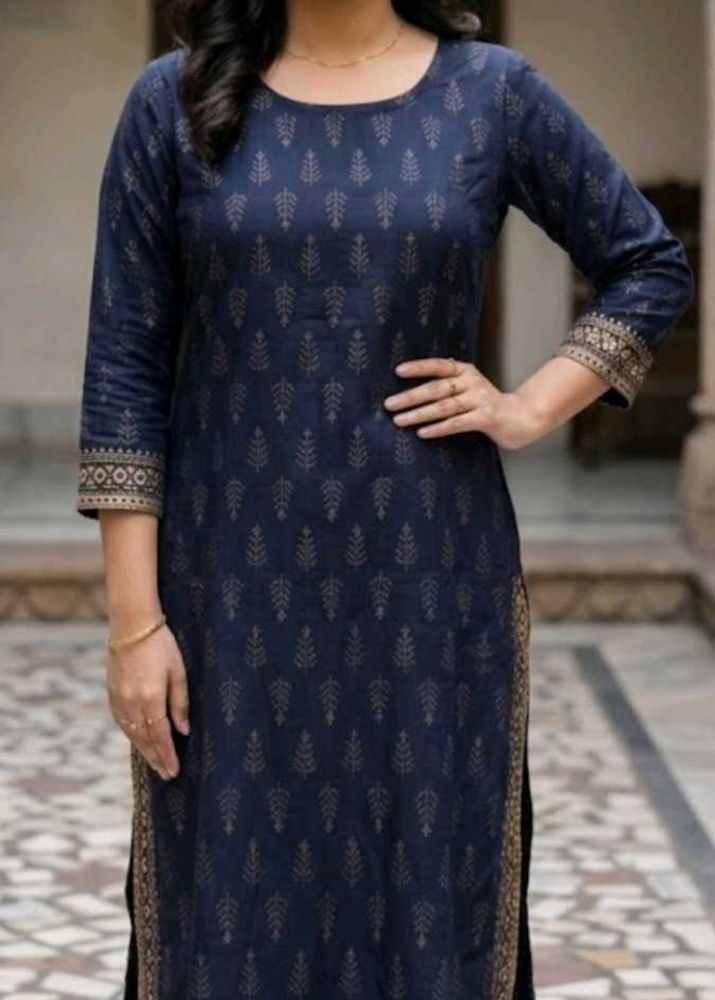 Navy Blue Printed Straight Kurta with 3/4 Sleeves