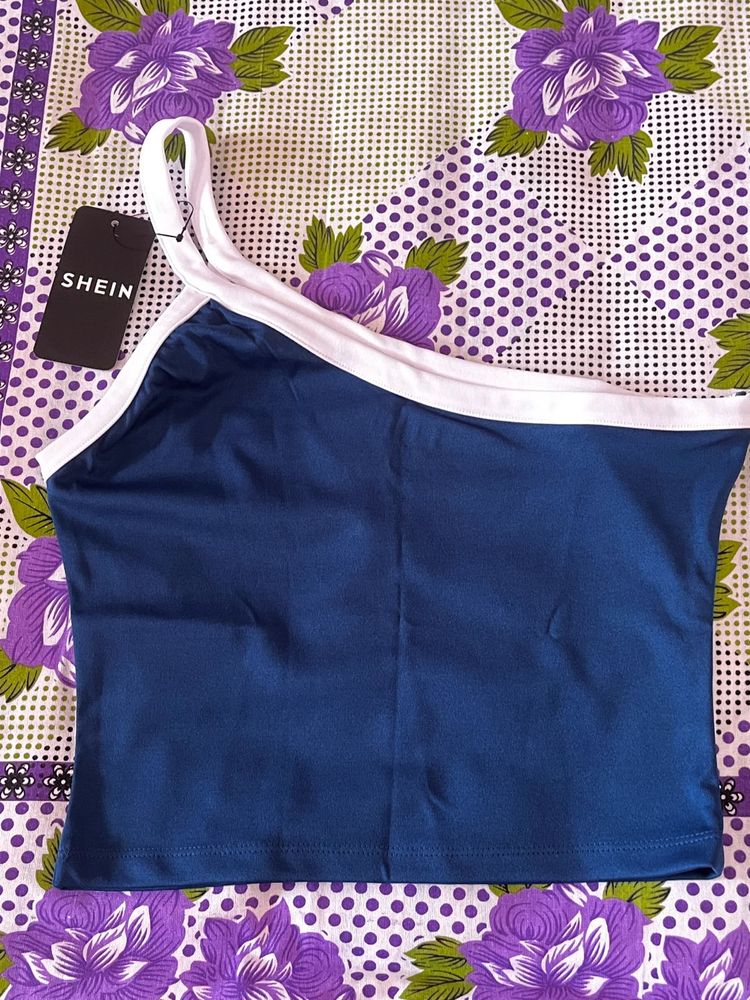 Navy Blue One Shoulder Crop Top