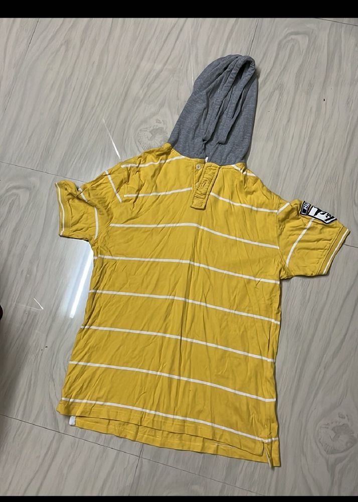 Yellow Striped Hooded T-Shirt
