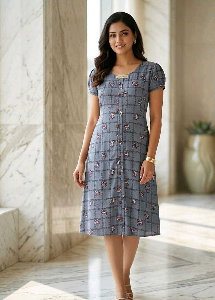 Stylish Blue Checked Button-Up Dress