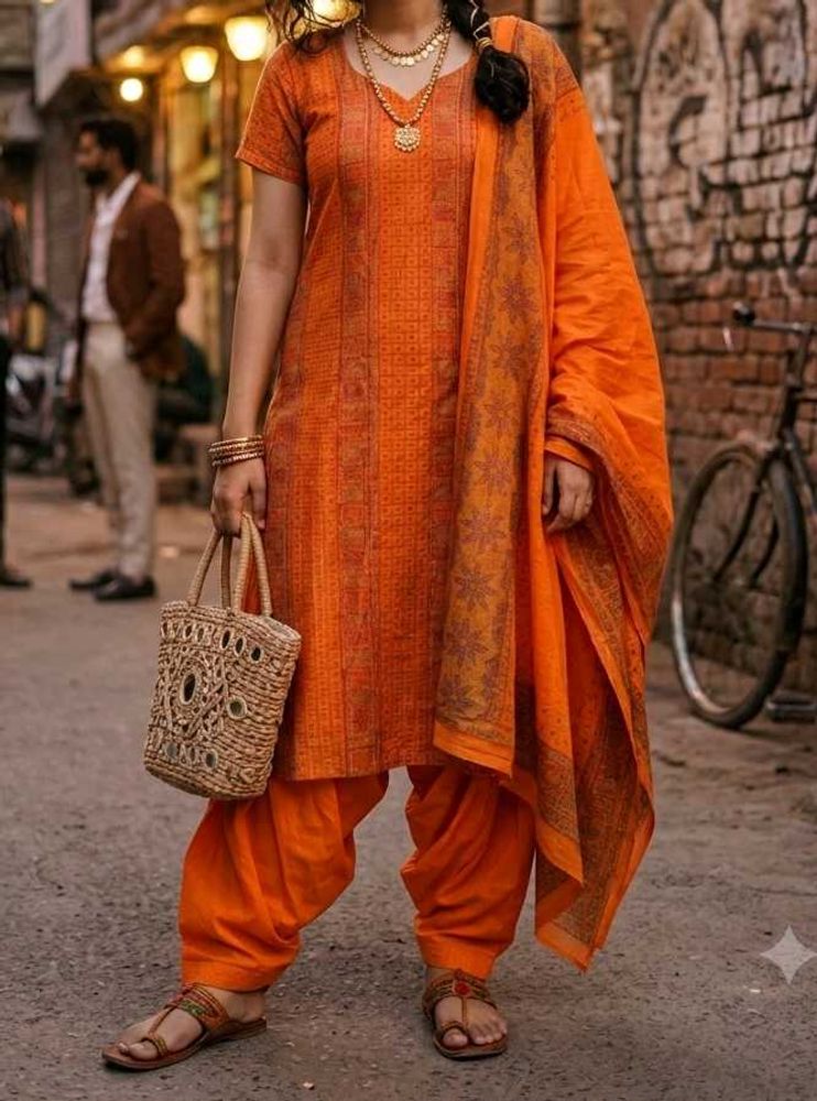 Vibrant Orange Printed Kurta Set