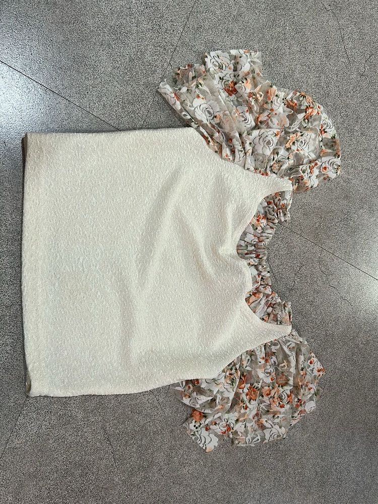 Cream Textured Blouse with Floral Sleeves