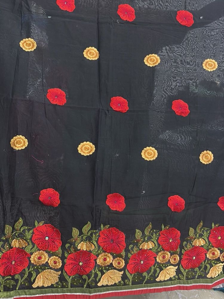 Black Floral Embroidered Sheer Fabric