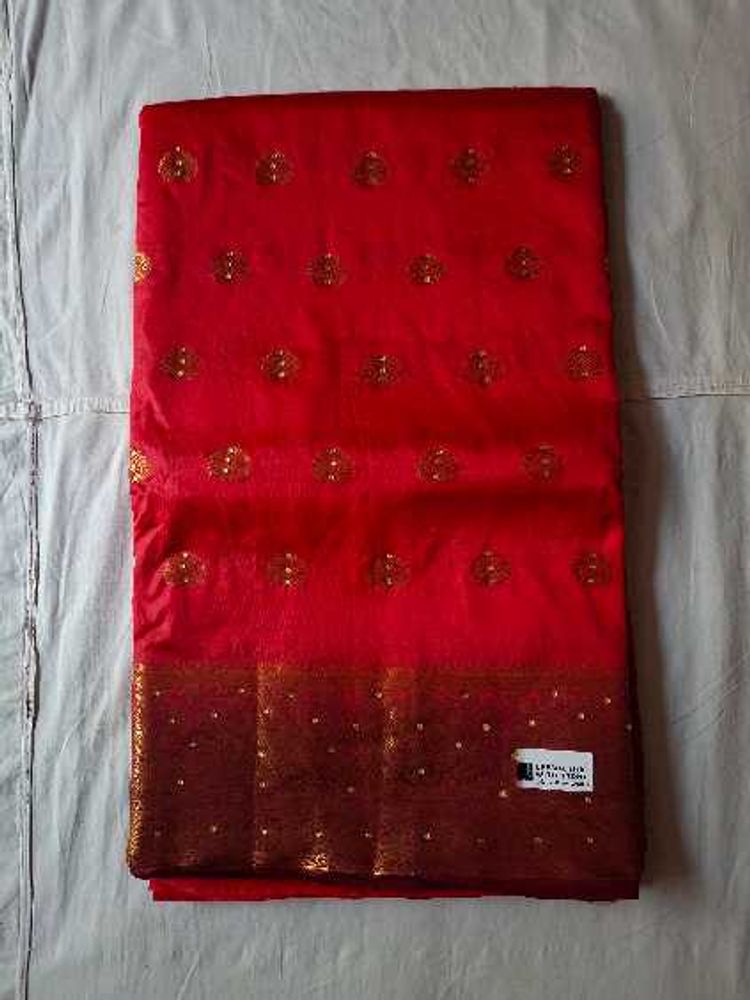 Elegant Red Silk Saree with Gold Motifs