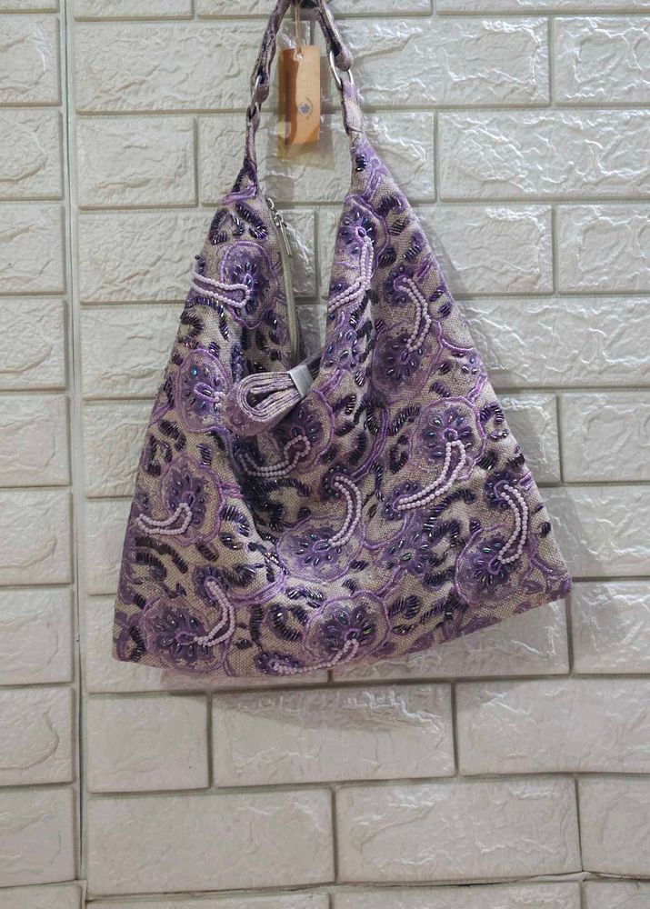 Purple Beaded Floral Hobo Handbag