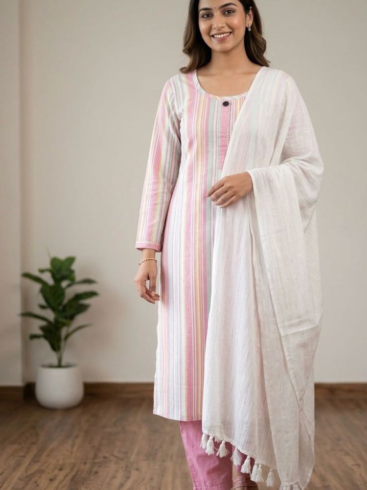 Pastel Striped Kurta Set with Dupatta