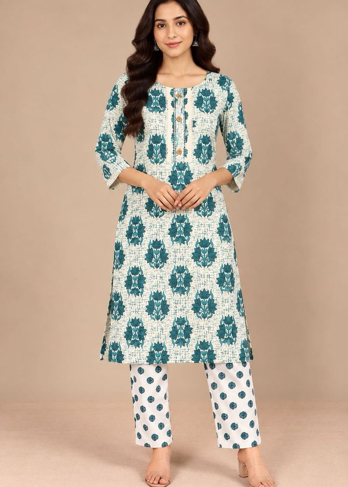 Stylish Teal Floral Print Kurta Set