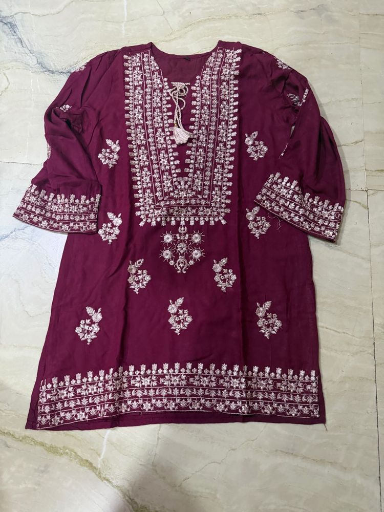 Embroidered Maroon Kurta with farshi salwar