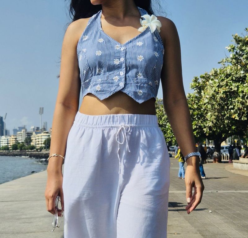 Blue &amp; White Striped Crop Top