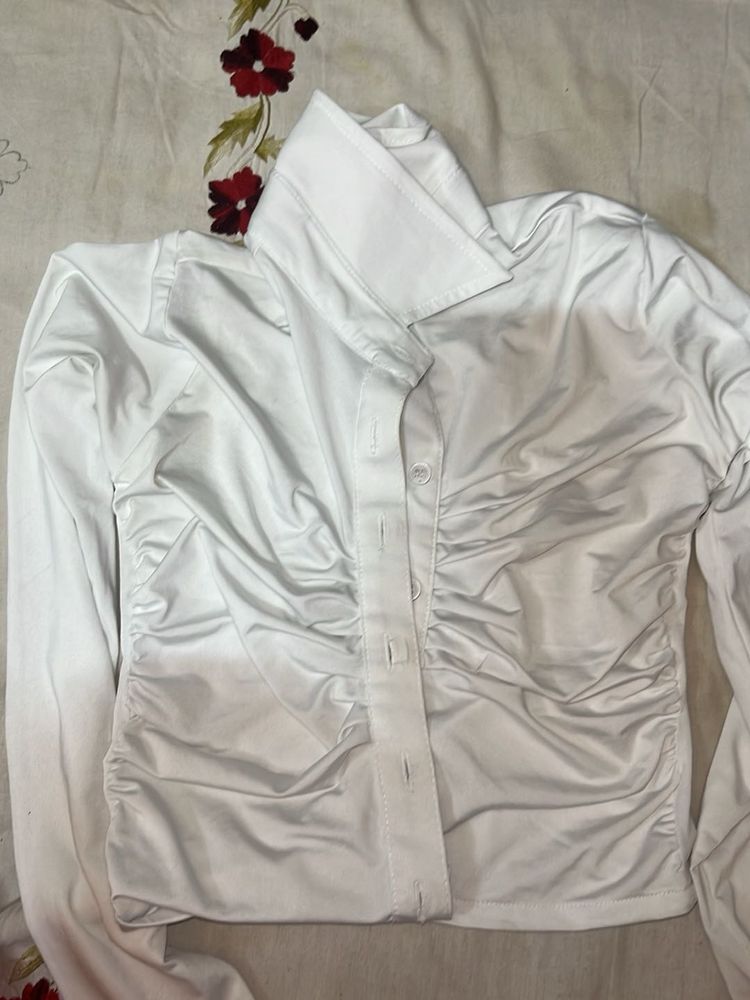 Chic Ruched White Button-Up Shirt