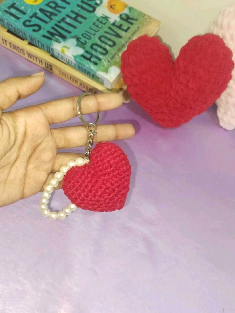 Handmade Crochet Heart Keychain with pearls
