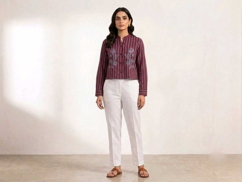 Stylish Striped Kurta with Floral Embroidery