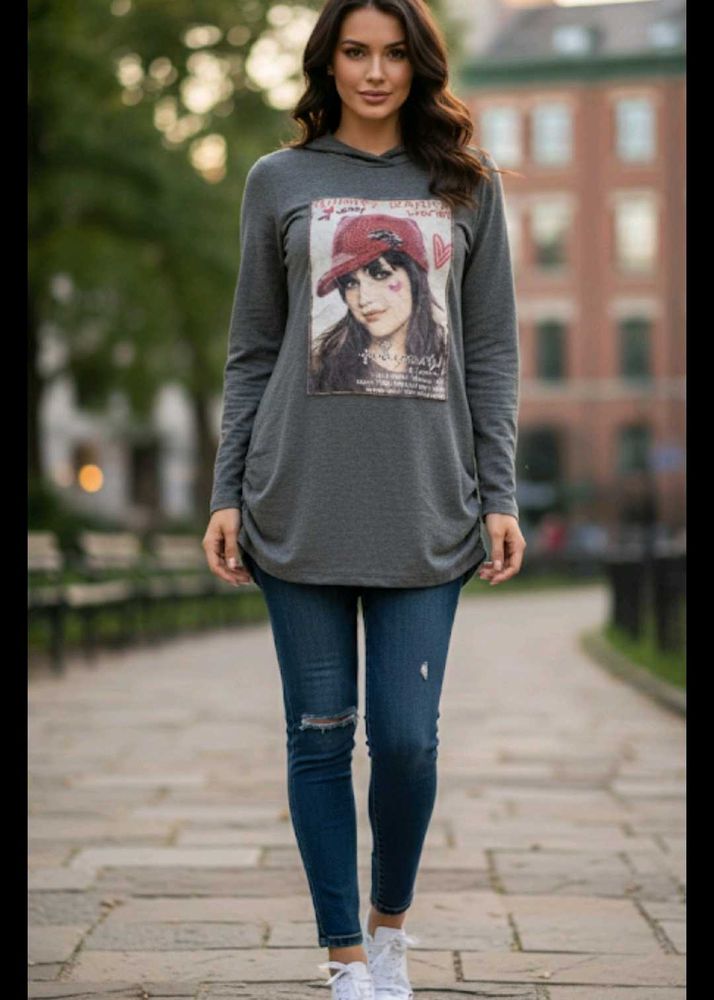 Graphic Print Hoodie with Distressed Jeans