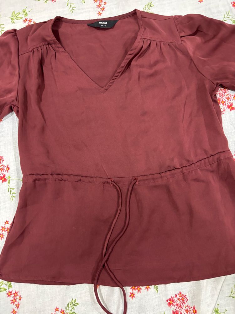 Maroon V-Neck Cinched Waist Top