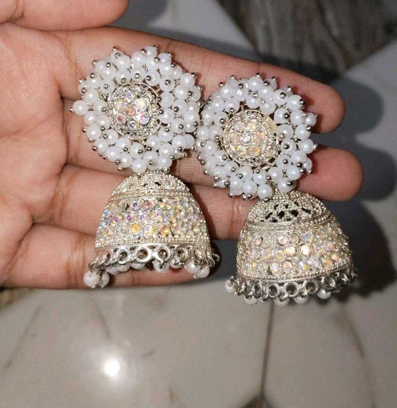 Stunning White Pearl Jhumka Earrings