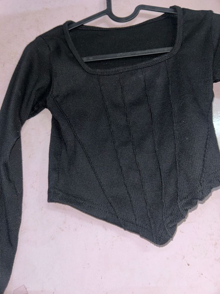 Black Ribbed Square Neck Top
