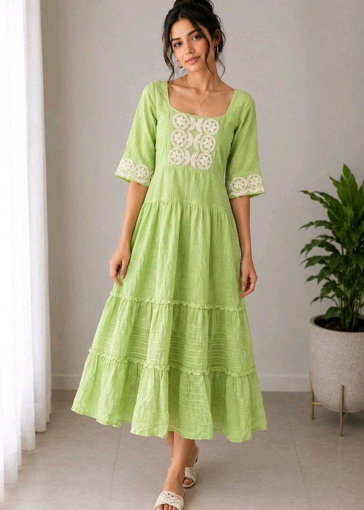 Chic Lime Green Tiered Embroidered Gown