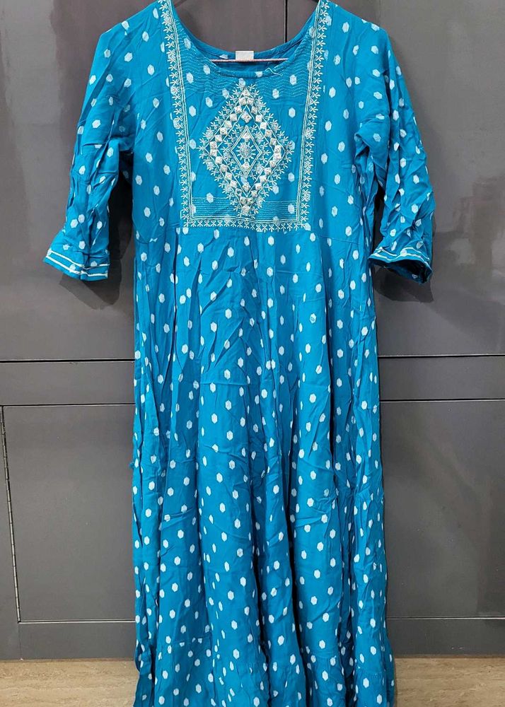Blue Kurta with White Polka Dots