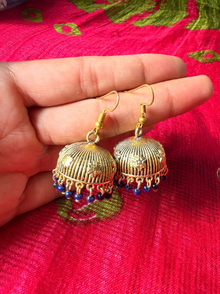 Exquisite Gold Jhumka Earrings with Blue Beads
