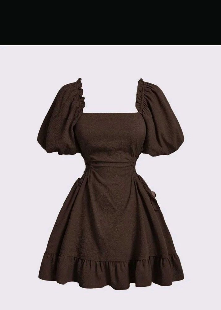 Brown Puff Sleeve Square Neck Dress