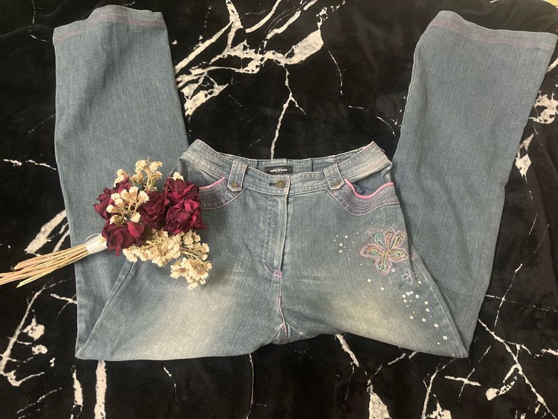 Embroidered Blue Denim Jeans