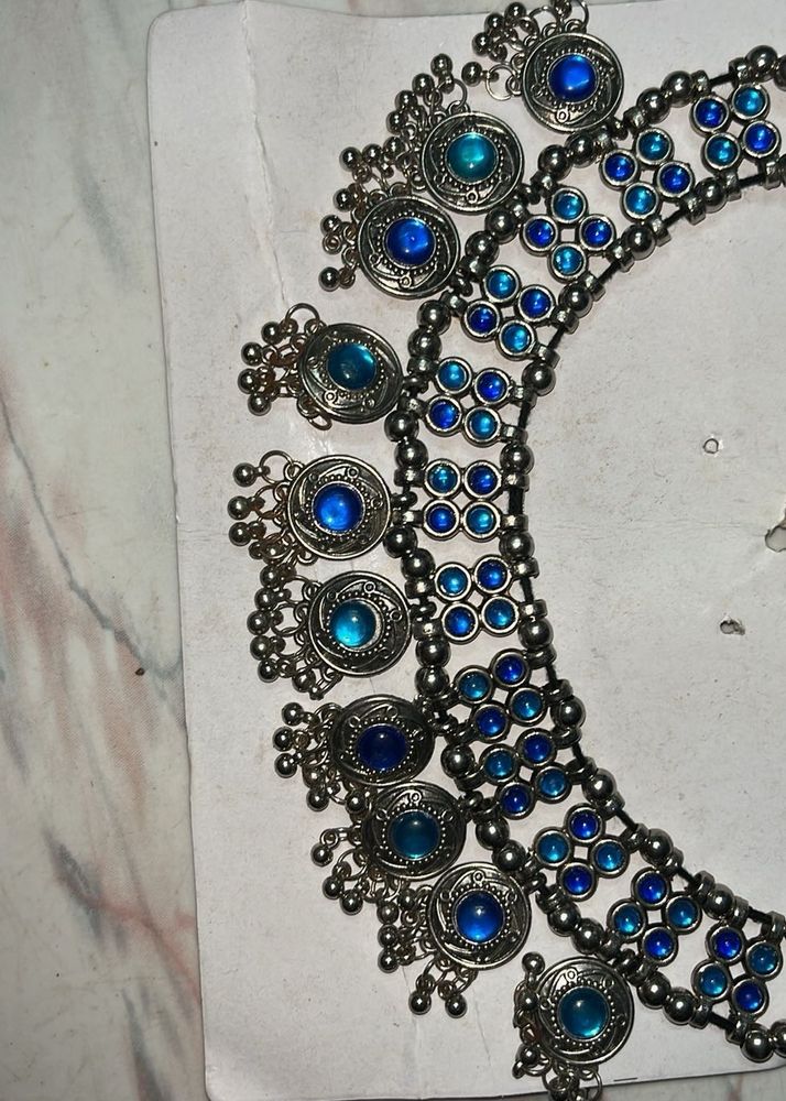 Boho Blue Stone Oxidised Choker Set
