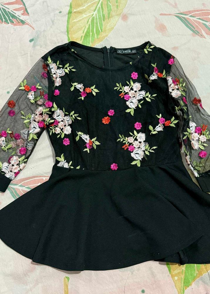 Black Embroidered Mesh Sleeve Top