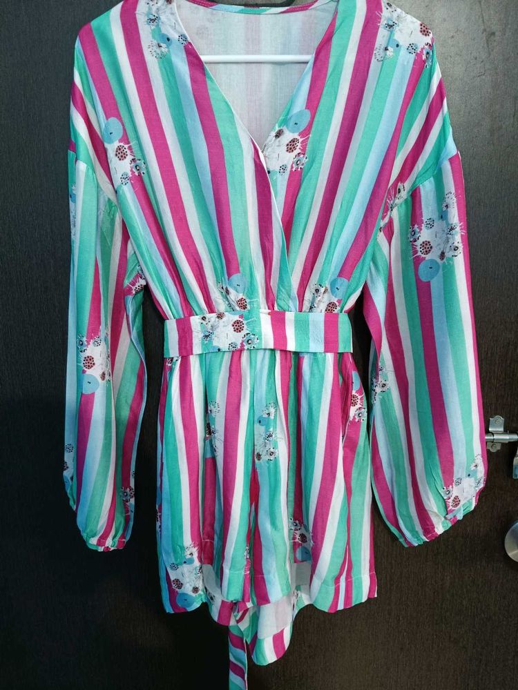 🌈 Stylish Striped Short Jumpsuit Polyester Size S