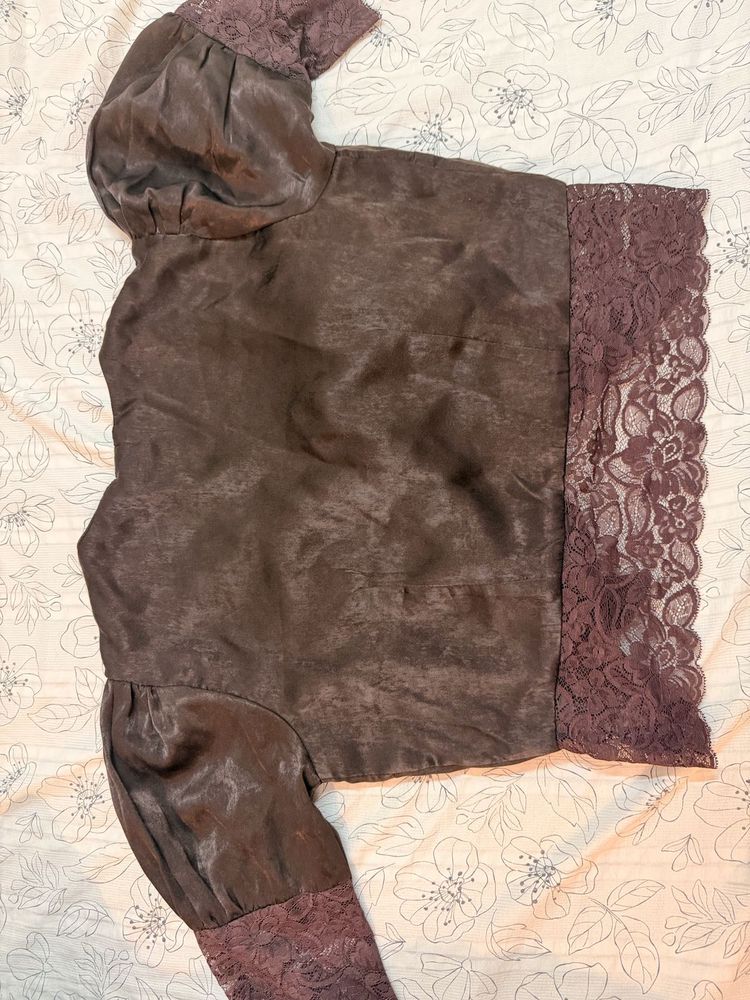 Elegant Brown Lace Trim Blouse