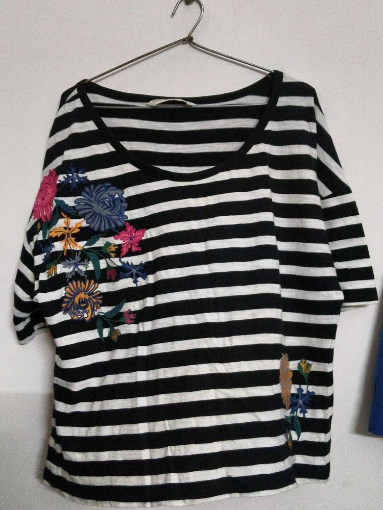 Striped T-Shirt with Floral Embroidery