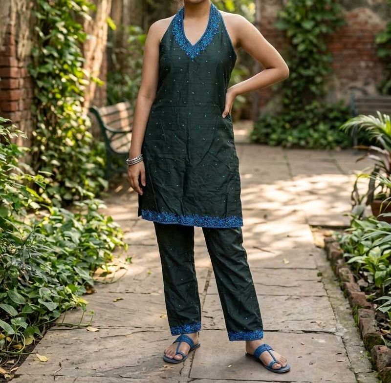 Black Kurta Set with Blue Embroidery