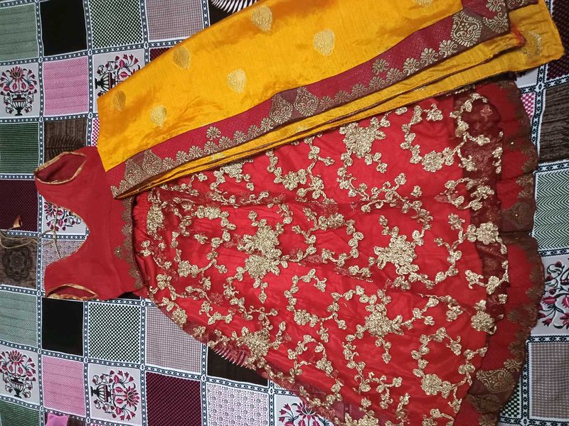 Red &amp; Yellow Embroidered Lehenga Choli Set
