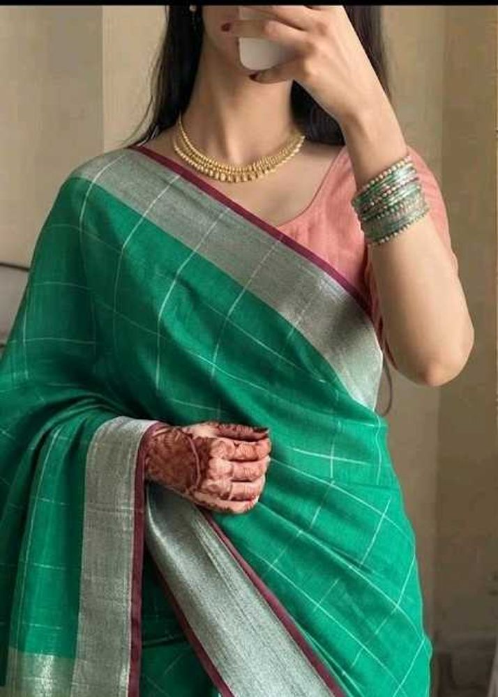 Emerald Green Cotton Checked Saree