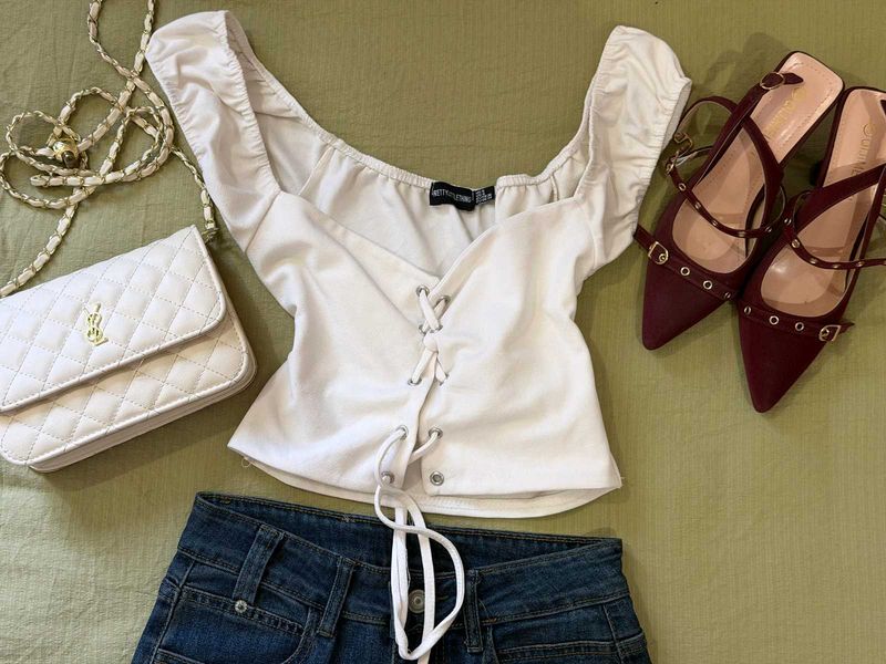 White Lace-Up Off-Shoulder Top