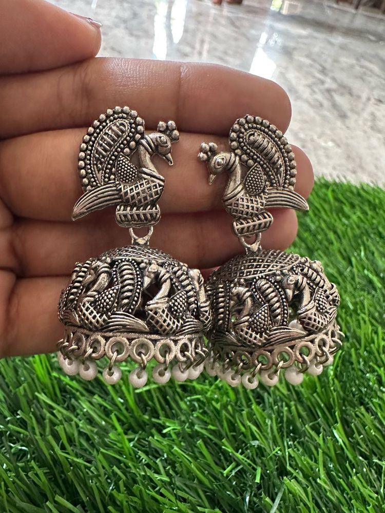 Silver Peacock Jhumka Earrings