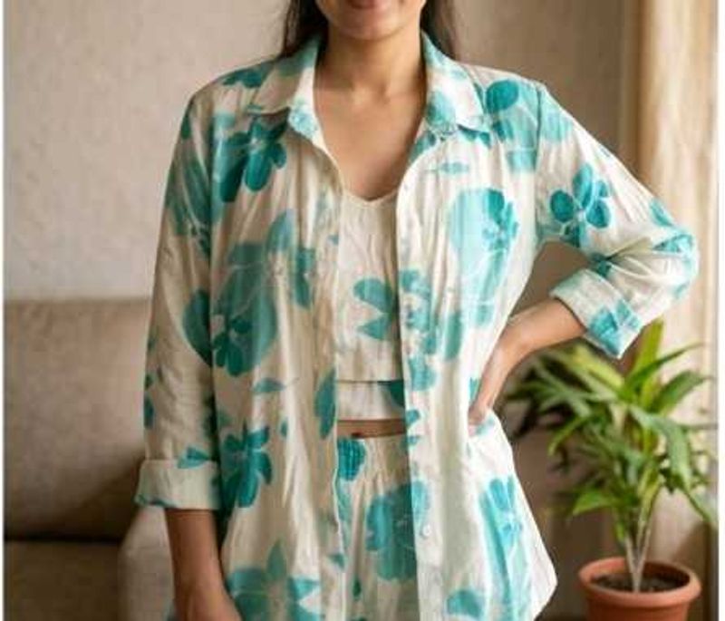 White &amp; Teal Floral Kurta Set