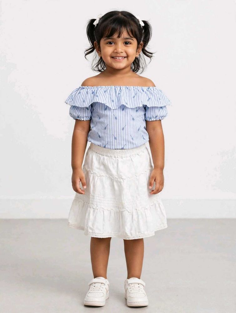 Cute Blue Striped Off-Shoulder Top &amp; White Skirt S