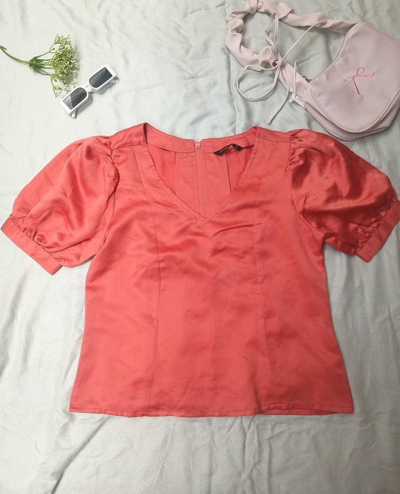 Coral Puff Sleeve Satin Top
