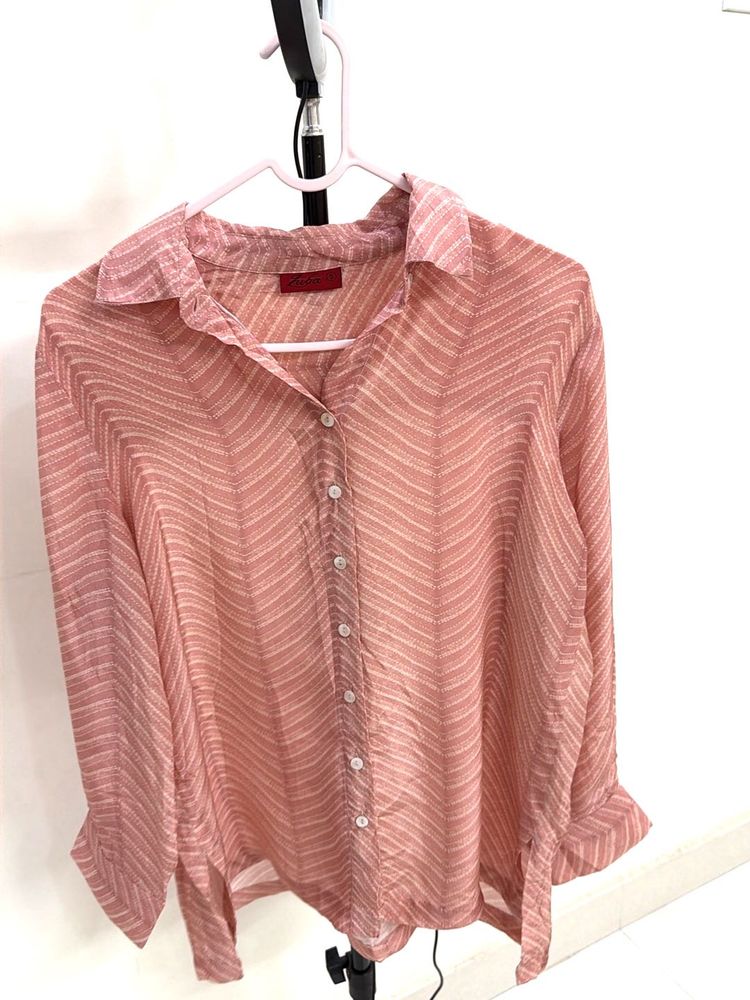Chic Sheer Chevron Print Button-Up Shirt