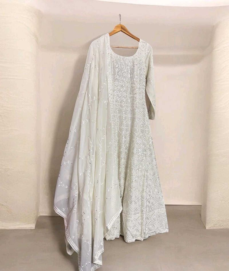 White Anarkali Gown with Dupatta
